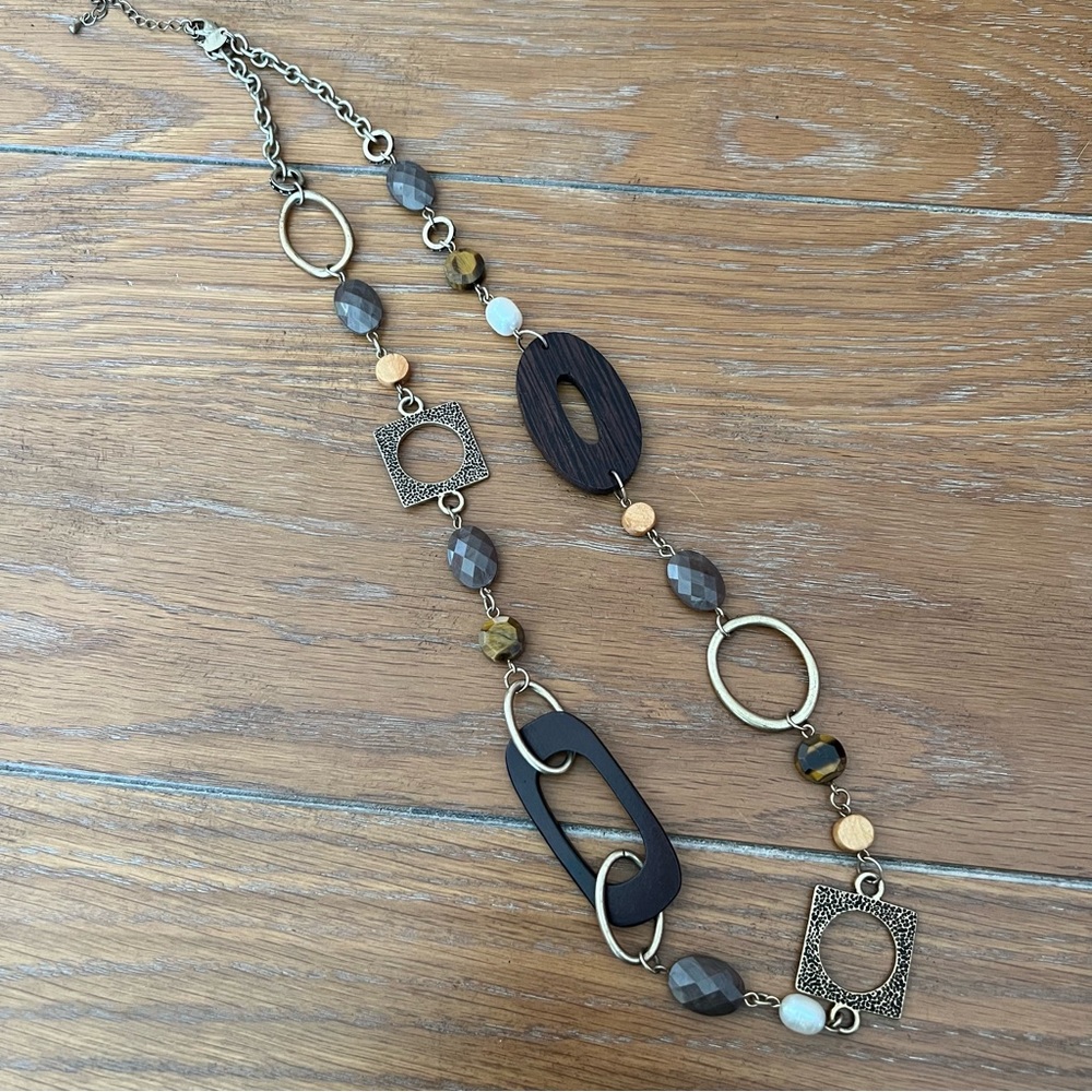 Lia Sophia Tiger’s Eye Necklace with Wood, Metal, & Plastic Beads- Adjustable